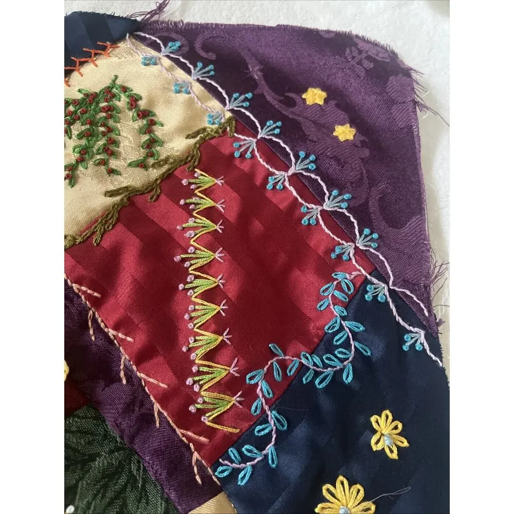 Antique Victorian Style Crazy Quilt Block 16” Silk Velvet Hand Embroidery Beaded